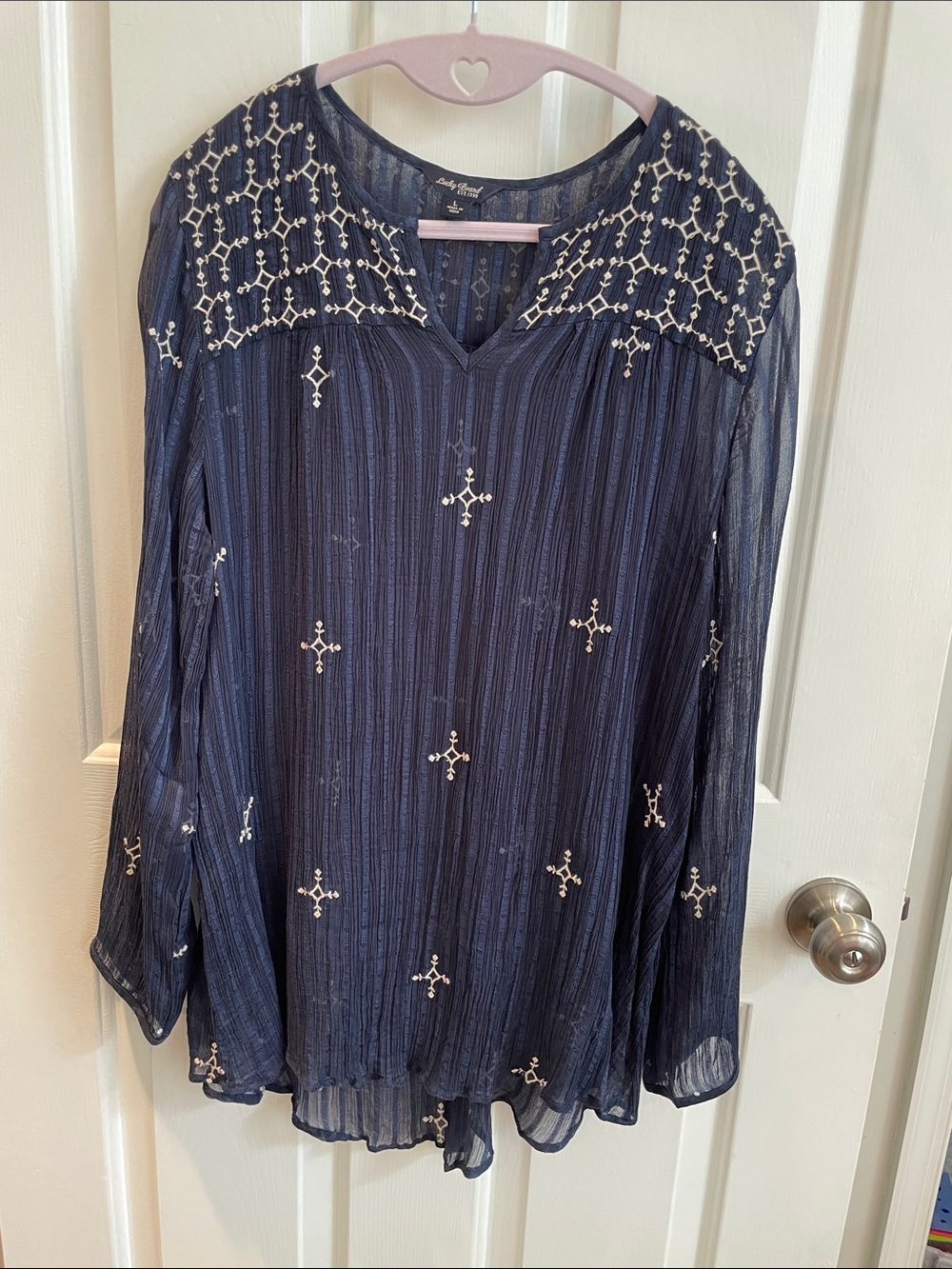 Lucky Brand Darkest Navy Sheer Embroidered Long-Sleeve Blouse Size L
